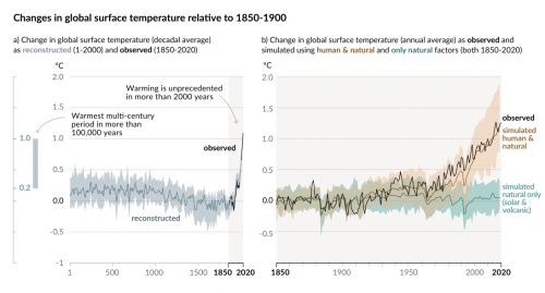 <br/> Graph 1: Impact of human activity on climate change (ICPP, 2021). On the right we see the difference between simulation of the natural course and human influence.